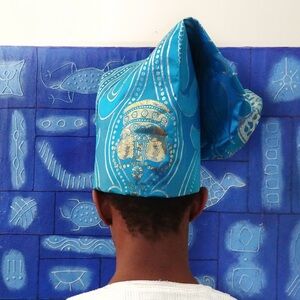 African Long Fila Hat Metallic Blue Brocade